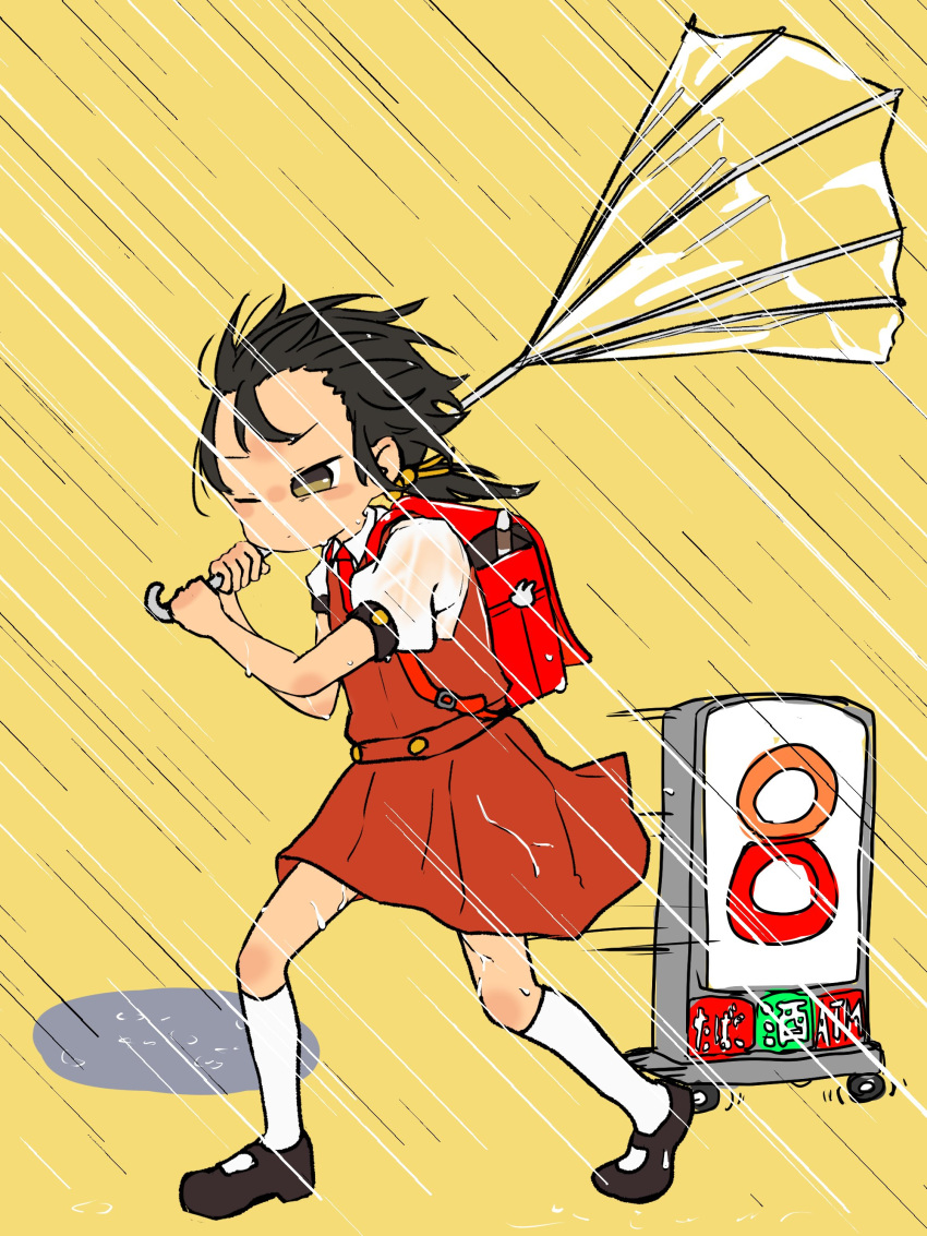 1girl 7-eleven absurdres backpack bag bag_charm black_footwear black_hair blush broken broken_umbrella brown_eyes charm_(object) closed_mouth commentary dress dress_shirt elbow_blush floating_hair forehead_blush hair_ribbon hair_slicked_back hair_strand hand_blush highres holding holding_umbrella inside-out instrument kaai_yuki knee_blush kneehighs kyoufuu_all_back_(vocaloid) low_twintails mary_janes messy_hair motion_lines narrowed_eyes no_fice nose_blush one_eye_closed pinafore_dress puddle puffy_short_sleeves puffy_sleeves pursed_lips rabbit_symbol rain randoseru recorder red_bag red_dress ribbon see-through see-through_shirt shirt shoes short_sleeves sign simple_background sleeveless sleeveless_dress socks solo spread_legs struggling translated transparent transparent_umbrella twintails two-handed umbrella v-shaped_eyebrows v-shaped_eyes walking wet wet_clothes wet_dress wet_hair wet_shirt white_shirt white_socks wind yellow_background yellow_ribbon