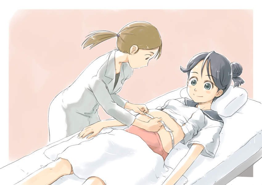 2girls bed black_eyes black_hair blanket blush_stickers brown_hair doctor hair_bun highres lab_coat looking_at_another lying measuring multiple_girls mutou_youshun navel on_bed original panties pillow pregnant sailor_collar school_uniform serafuku smile tape_measure underwear