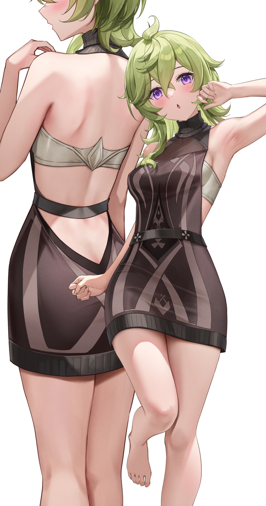 1girl absurdres arm_up armpits backless_dress backless_outfit bare_arms bare_back bare_legs bare_shoulders barefoot belt black_dress bra breasts collei_(genshin_impact) dress facing_back feet genshin_impact green_hair grey_bra hand_up highres leg_up looking_at_viewer lunacle median_furrow medium_hair multiple_views open_mouth parted_lips purple_eyes short_dress sleeveless sleeveless_dress small_breasts standing standing_on_one_leg thighs toes underwear