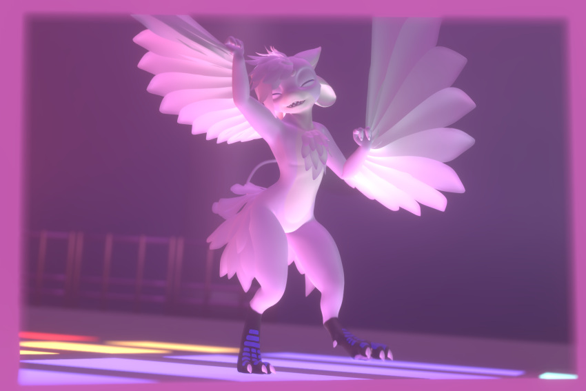 ambiguous_gender anthro avali dancing eyes_closed feathers happy hi_res kerolink male paws pink_body solo speederblaze tail