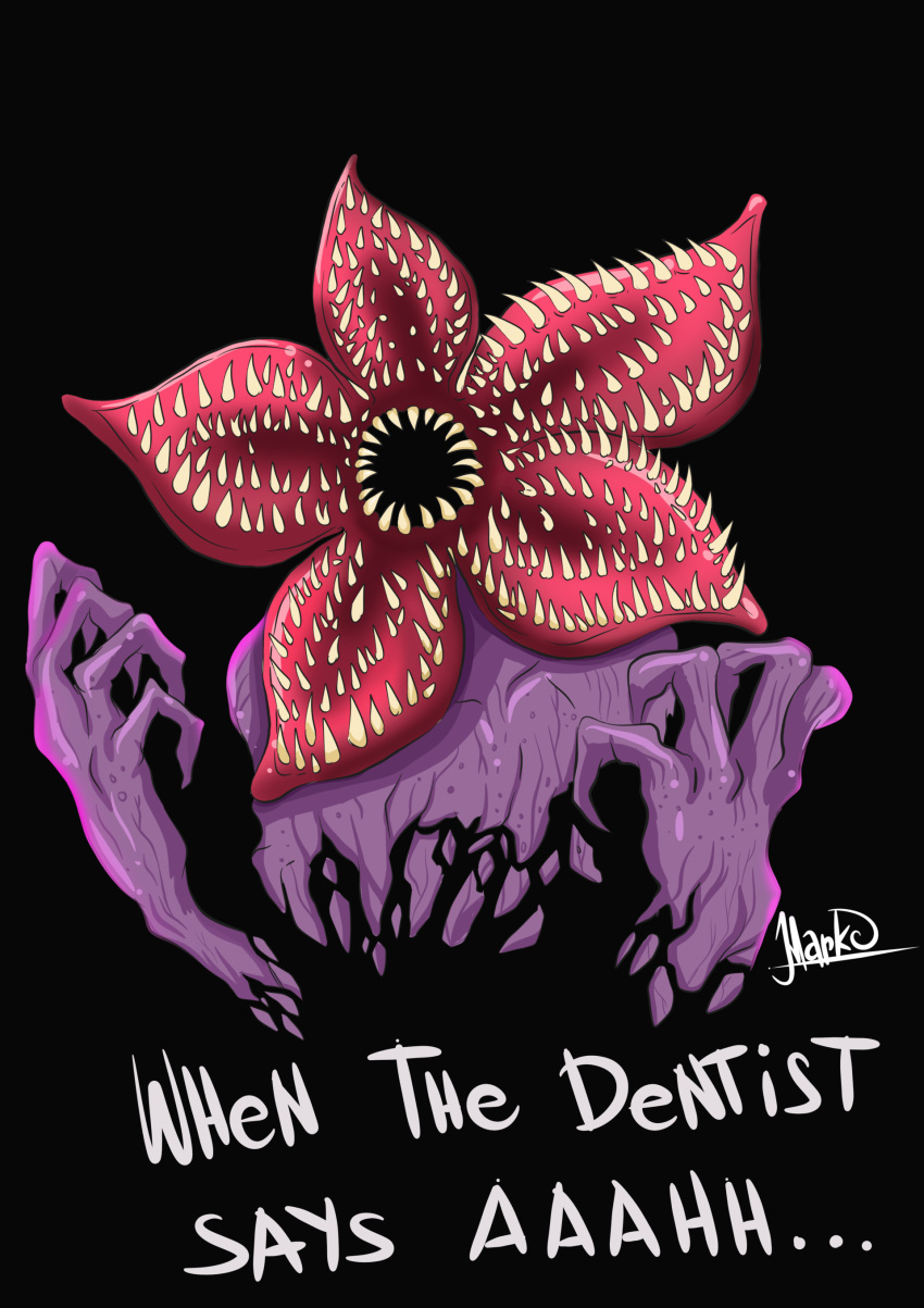 2018 4_fingers absurd_res ambiguous_gender black_background black_mouth bust_portrait colored crumbling demogorgon digital_drawing_(artwork) digital_media_(artwork) ellipsis english_text fingers hi_res humanoid humor jawless markoriginals monster monstrous_humanoid multi_teeth open_mouth portrait purple_body purple_skin sharp_teeth signature simple_background solo stranger_things teeth text white_text yellow_teeth