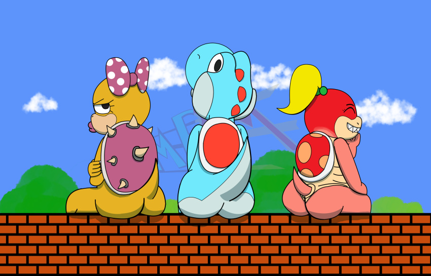 absurd_res ambiguous_gender butt female group hi_res invalid_tag koopa koopaling looking_at_viewer mario_bros milesperminutemedia nintendo pom_pom_(mario) pouting scalie sitting smile smirk trio wendy_o._koopa yoshi