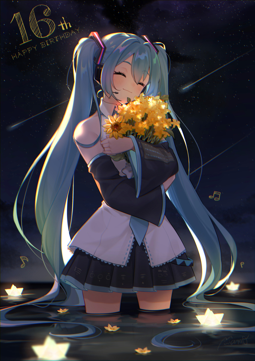 1girl absurdres aqua_hair bare_shoulders black_skirt blue_hair blue_necktie closed_eyes closed_mouth collared_shirt commentary_request detached_sleeves flower happy_birthday hatsune_miku headset highres long_hair mamo_(fortune-mm) musical_note necktie night night_sky object_hug pleated_skirt shirt shooting_star skirt sky sleeveless sleeveless_shirt smile solo standing star_(sky) starry_sky twintails very_long_hair vocaloid wading white_shirt yellow_flower