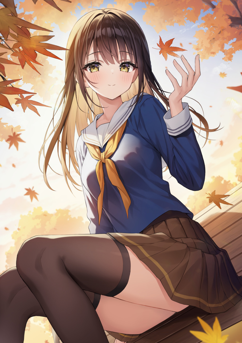 1girl autumn autumn_leaves bench black_thighhighs blue_serafuku brown_hair brown_skirt closed_mouth commentary day dress falling feet_out_of_frame from_below green_eyes hand_up highres kuro_futoshi light_blush long_hair long_sleeves looking_at_viewer neckerchief original outdoors park_bench pleated_dress sailor_collar school_uniform serafuku sitting skirt smile solo split_mouth symbol-only_commentary thighhighs tree white_sailor_collar yellow_neckerchief
