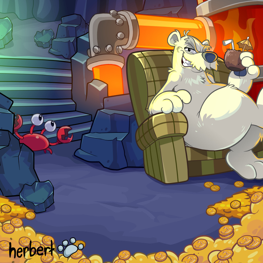 armchair arthropod bear beverage cavern chair club_penguin coconut coconut_drink coin crab crossed_legs crustacean decapoda drupe_(fruit) duo food fruit furniture grin herbert_p._bear hi_res inside klutzy_the_crab lava looking_at_another looking_at_viewer malacostracan male mammal marine official_art pipe plant polar_bear rock signature sitting smile straw teeth umbrella_drink unknown_artist ursine