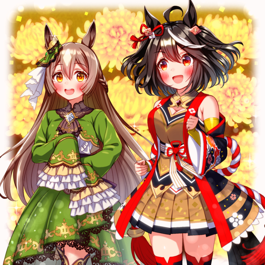 2girls :d ahoge animal_ears ascot black_hair bob_cut bow_skirt braid breasts brown_ascot brown_eyes brown_hair brown_skirt chrysanthemum cleavage_cutout clothing_cutout corset cowboy_shot cropped_jacket detached_sleeves ear_ornament floral_background flower flower_ornament french_braid frilled_shirt frilled_sleeves frills green_jacket green_skirt half_updo high-low_skirt highres horse_ears horse_girl horse_tail jacket kikuka-sho kitasan_black_(umamusume) long_hair long_skirt long_sleeves looking_at_another medium_breasts multicolored_hair multiple_girls pleated_skirt red_eyes red_ribbon ribbon satono_diamond_(umamusume) shirt short_hair skirt sleeves_past_fingers sleeves_past_wrists smile streaked_hair sugimotty_nova tail two-tone_hair umamusume underbust white_hair white_shirt