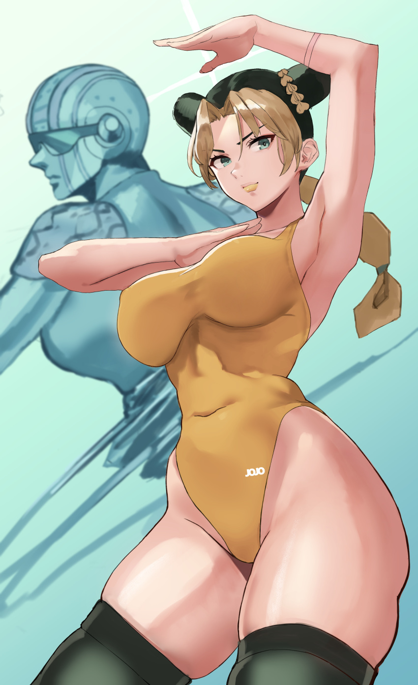 1girl absurdres android arm_up armpits black_thighhighs breasts commentary_request double_bun green_eyes hair_bun highleg highleg_leotard highres jojo_no_kimyou_na_bouken kujo_jolyne large_breasts leotard looking_at_viewer martial_arts multicolored_hair navel parted_bangs sawatari_kazuma skindentation stone_ocean thick_thighs thighhighs thighs yellow_leotard yellow_lips