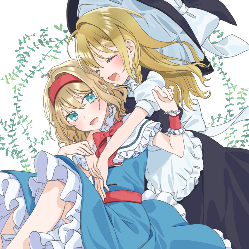 2girls alice_margatroid apron black_dress blonde_hair blue_dress blue_eyes bow capelet dress frilled_dress frills hairband hat hat_bow highres kirisame_marisa multiple_girls plant puffy_short_sleeves puffy_sleeves red_hairband short_sleeves smile touhou tsuno_no_hito vines white_apron white_capelet witch_hat yuri