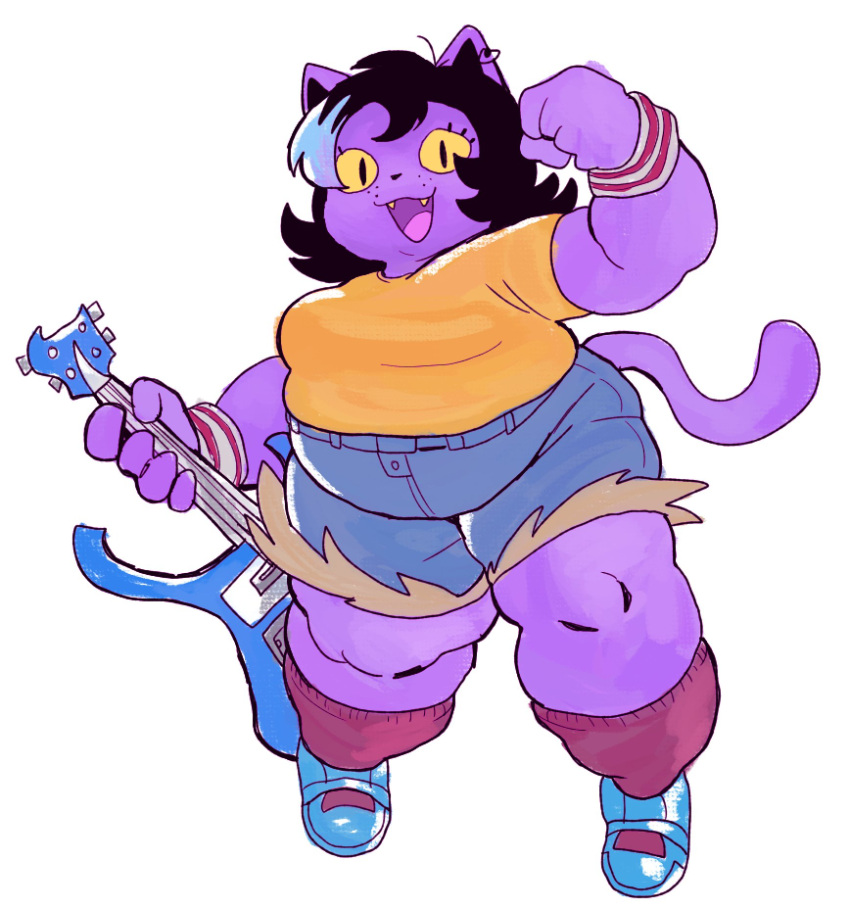 anarchoblues anthro belly big_belly biped black_hair blue_highlights bottomwear breasts catty_(undertale) clothing cutoffs denim denim_clothing domestic_cat ear_piercing ear_ring electric_guitar eyelashes fangs felid feline felis female footwear full-length_portrait guitar hair hi_res high_waisted_bottomwear highlights_(coloring) holding_guitar holding_musical_instrument holding_object looking_at_viewer mammal medium_breasts musical_instrument open_mouth open_smile overweight overweight_anthro overweight_female piercing plucked_string_instrument portrait pupils ring_piercing shirt shoes shorts slit_pupils smile socks solo standing string_instrument tail teeth thick_thighs topwear undertale_(series) wide_hips wristband yellow_sclera