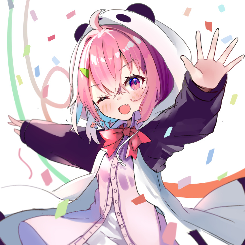 1girl ;d ahoge animal_hood bow bowtie cardigan confetti earrings fang highres hood hood_up hooded_jacket jacket jewelry mole mole_under_eye nijisanji one_eye_closed panda_hood pink_cardigan pink_eyes pink_hair red_bow red_bowtie sasaki_saku sasaki_saku_(1st_costume) short_hair skin_fang smile solo virtual_youtuber yatani_row