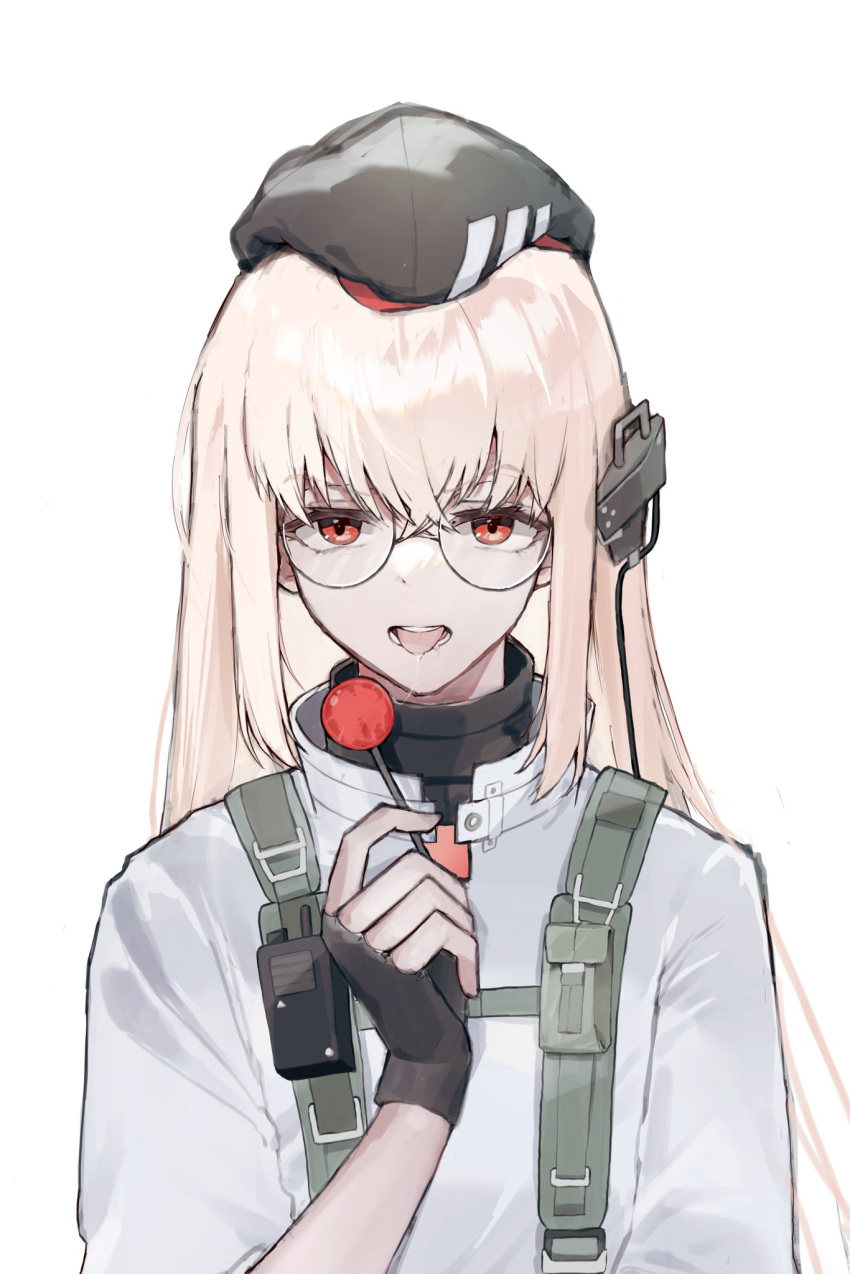 1girl beret black_headwear blonde_hair candy commentary_request food girls'_frontline glasses hand_up harafrontline hat highres holding holding_candy holding_food holding_lollipop korean_commentary lollipop long_hair looking_at_viewer open_mouth saliva saliva_trail shirt simple_background solo tongue tongue_out type_80_(girls'_frontline) upper_body very_long_hair white_background white_shirt
