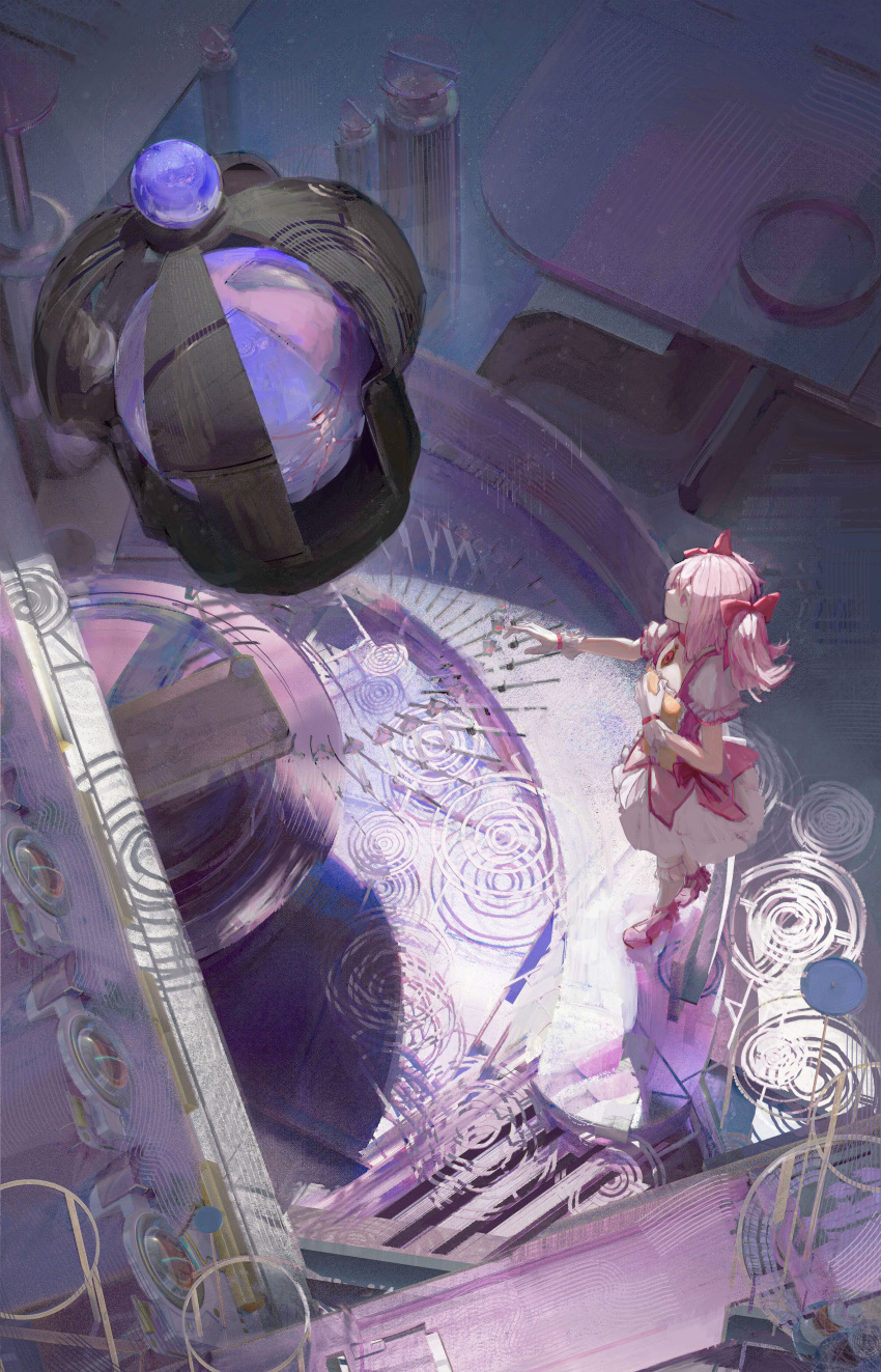 1girl abstract absurdres altar bow center_frills chest_jewel choker closed_mouth crack dress expressionless footwear_bow frilled_skirt frilled_sleeves frilled_socks frills full_body gloves hair_bow hand_on_own_chest highres indoors kaname_madoka kneehighs looking_at_object magical_girl mahou_shoujo_madoka_magica mahou_shoujo_madoka_magica:_hangyaku_no_monogatari mary_janes medium_hair miniskirt noteal outstretched_arm oversized_object petticoat pink_bow pink_choker pink_dress pink_eyes pink_footwear pink_hair puffy_short_sleeves puffy_sleeves red_bow scenery shadow shoes short_sleeves skirt socks solo soul_gem square_neckline twintails waist_bow white_gloves white_skirt white_sleeves white_socks