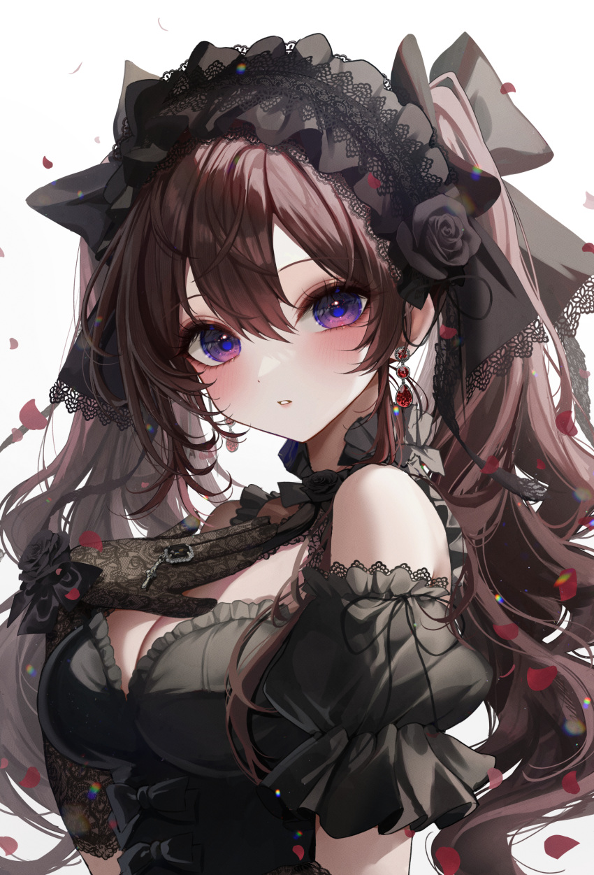 1girl absurdres bare_shoulders black_dress blue_eyes blush bow breasts brown_hair cleavage dress earrings flower frilled_dress frills gloves gothic_lolita hair_between_eyes hair_bow hairband highres ichinose_shiki idolmaster idolmaster_cinderella_girls jewelry kudou_(sikisiki0000) lace-trimmed_dress lace-trimmed_gloves lace-trimmed_hairband lace_trim lolita_fashion looking_at_viewer medium_breasts open_mouth petals ribbon rose_petals simple_background solo twintails wavy_hair