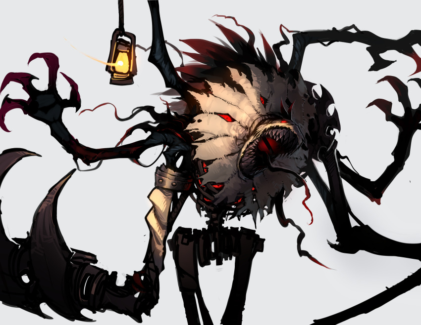 1other absurdres claws extra_eyes fiddlesticks glowing glowing_eyes grey_background highres lamp league_of_legends monster open_mouth ratatatat74 red_eyes scarecrow sharp_teeth simple_background teeth tongue tongue_out