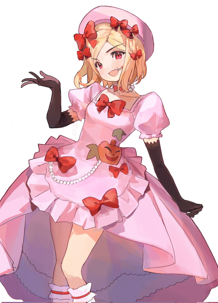 1girl beret black_gloves blonde_hair bow dress dress_bow elbow_gloves gloves hair_bow hat hat_bow highres jack-o'-lantern jewelry lambdadelta necklace open_mouth pearl_necklace pink_dress pink_headwear puffy_short_sleeves puffy_sleeves red_bow red_eyes saechi_(lnyn248329) short_hair short_sleeves simple_background smile solo umineko_no_naku_koro_ni white_background