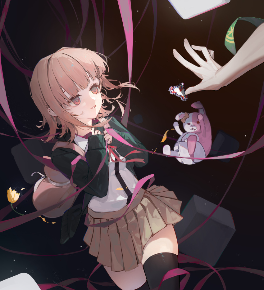 1girl absurdres backpack bag black_jacket black_shirt black_thighhighs brown_background brown_eyes brown_hair brown_skirt collared_shirt danganronpa_(series) danganronpa_2:_goodbye_despair diaper ear_bow flower galaga hair_ornament_removed highres jacket miniskirt monomi_(danganronpa) multicolored_background nanami_chiaki neck_ribbon nlarou open_clothes open_jacket pink_bag pink_ribbon pleated_skirt red_ribbon ribbon shirt skirt sleeves_past_wrists smile teeth thighhighs white_shirt yellow_flower