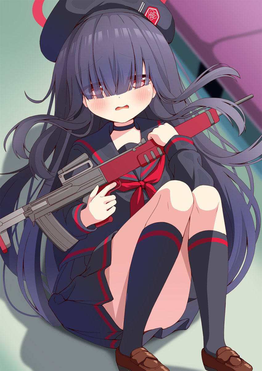 1girl azel_(laevateinn495) beret black_choker black_hair black_headwear black_serafuku black_socks blue_archive blunt_bangs blurry blush brown_footwear choker commentary_request depth_of_field finger_on_trigger gun hair_over_eyes halo hat highres holding holding_gun holding_weapon indoors justice_task_force_member_(blue_archive) loafers long_hair long_sleeves looking_at_viewer lying neckerchief on_back open_mouth pleated_skirt red_halo red_neckerchief school_uniform serafuku shoes skirt socks solo weapon