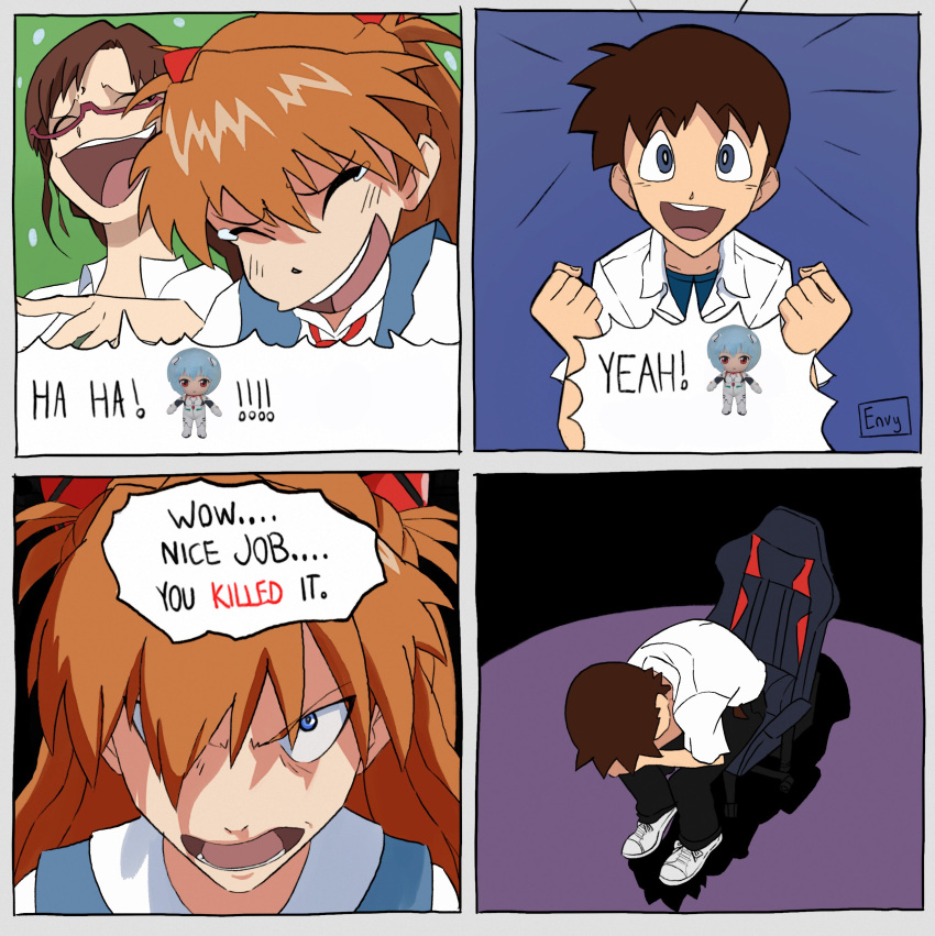 absurdres angry blue_background blue_eyes brown_hair chimeraenvy closed_eyes gracias_normie_ya_lo_mataste_(meme) green_background happy highres ikari_shinji laughing makinami_mari_illustrious meme neon_genesis_evangelion orange_hair rebuild_of_evangelion red-framed_eyewear rei_chikita sad school_uniform shadow shinji_in_a_chair_(meme) sitting souryuu_asuka_langley tokyo-3_middle_school_uniform white_footwear