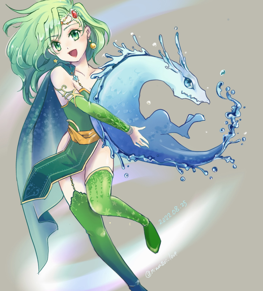 1girl aged_up breasts cape chicken_love dated detached_sleeves earrings final_fantasy final_fantasy_iv foot_out_of_frame green_eyes green_hair hair_ornament highres jewelry leviathan_(final_fantasy) long_hair looking_at_viewer open_mouth rydia_(ff4) simple_background smile solo thighhighs