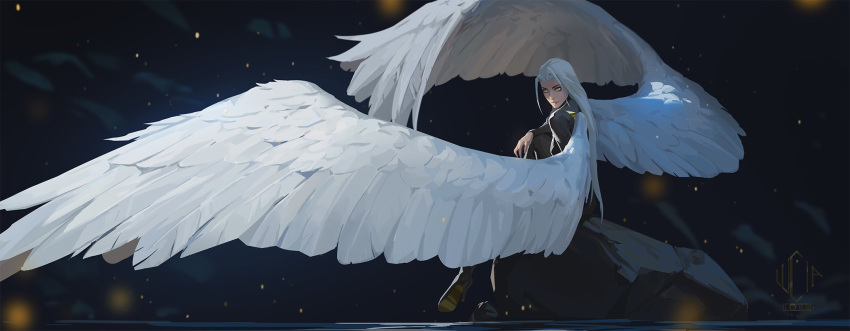 1girl angel_wings artist_logo commentary dark_background english_commentary feathered_wings highres long_hair looking_at_viewer lucia_hsiang original rock sitting sitting_on_rock solo white_hair white_wings wings yellow_eyes