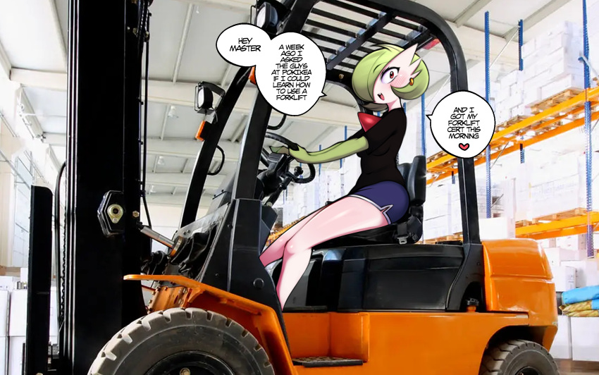 &lt;3 2023 blush clothed clothing dialogue english_text female forklift forklift_certified gardevoir generation_3_pokemon green_hair hair hi_res nintendo not_furry pokemon pokemon_(species) real saltyxodium solo text vehicle