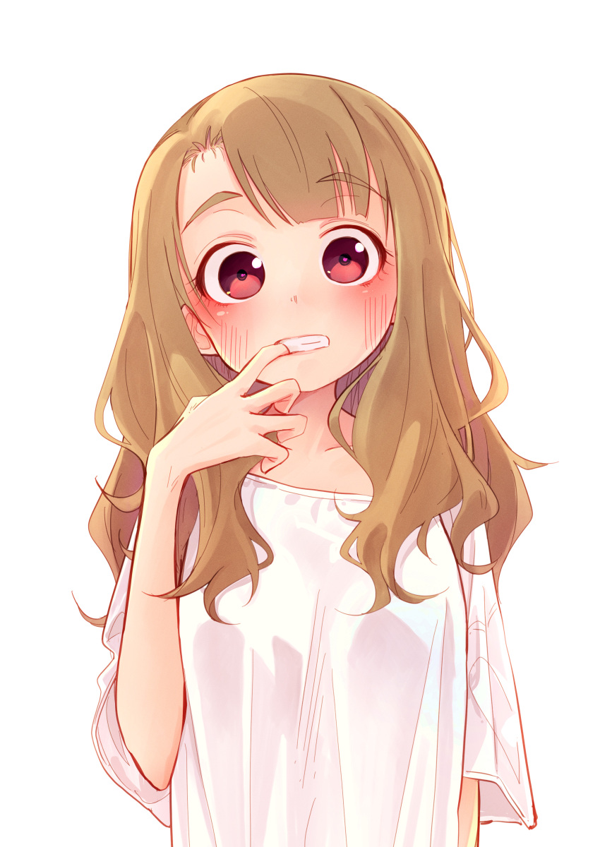 1girl absurdres blunt_bangs blush breasts brown_hair collarbone finger_in_own_mouth highres idolmaster idolmaster_million_live! long_hair looking_at_viewer medium_breasts miyao_miya nitta_hiroto red_eyes shirt simple_background solo upper_body white_background white_shirt