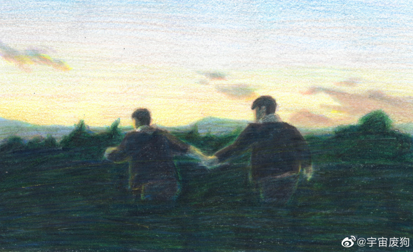 2boys absurdres bara couple faceless faceless_male feet_out_of_frame forest from_behind highres holding_hands male_focus multiple_boys nature original painterly short_hair sideburns sunrise walking yaoi yuzhou_fei_gou
