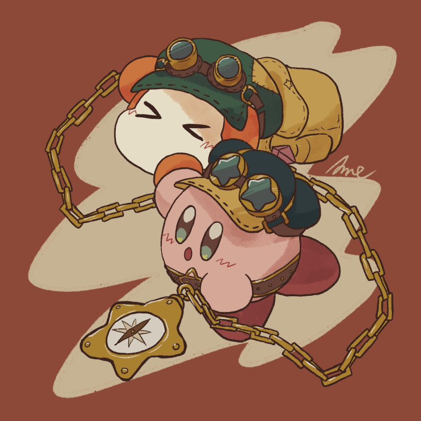 &gt;_&lt; :o aqua_eyes backpack bag bandana_waddle_dee blush_stickers brown-framed_eyewear cabbie_hat chain colored_skin commentary_request compass goggles goggles_on_headwear gold_chain green_headwear hat highres holding holding_compass holding_hands kirby kirby_(series) no_humans no_mouth open_mouth orange_skin parasoruoishii patch pink_skin red_background red_footwear round_eyewear shoes signature star_(symbol) steampunk watch yellow_bag