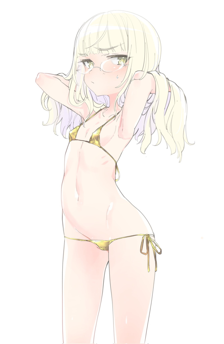 1girl aohashi_ame armpits bikini blonde_hair blush breasts cameltoe glasses gold_bikini highres long_hair looking_at_viewer navel perrine_h._clostermann shiny_skin side-tie_bikini_bottom simple_background small_breasts solo strike_witches swimsuit white_background world_witches_series yellow_eyes