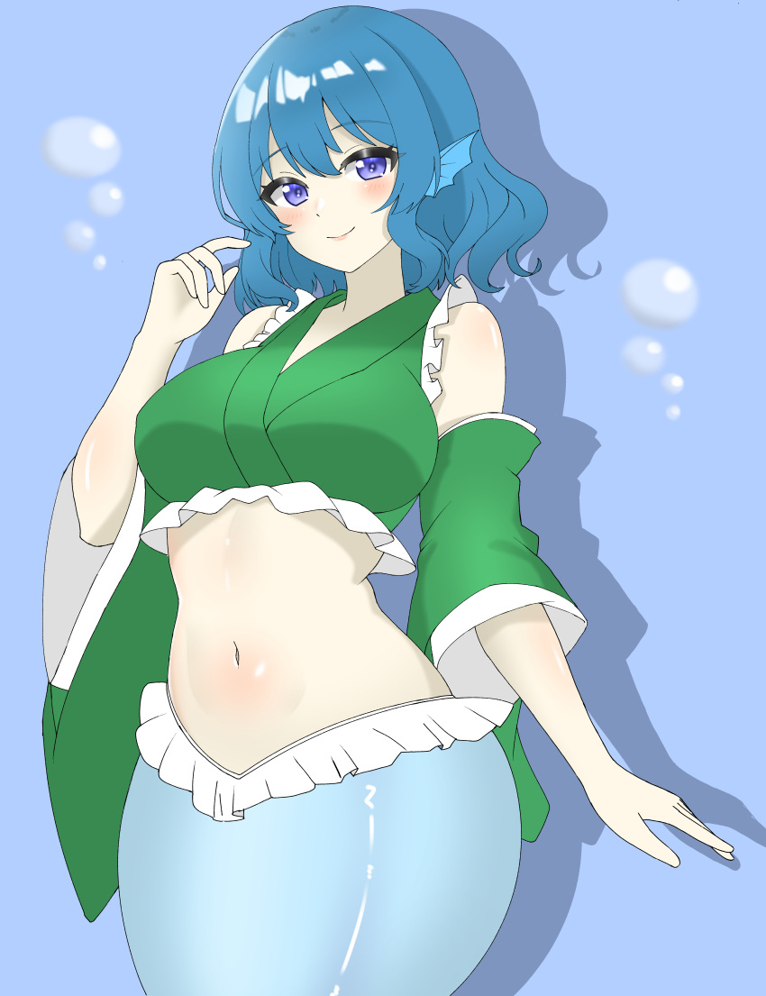 1girl absurdres adapted_costume blue_background blue_eyes blue_hair blush breasts bubble closed_mouth fins head_fins highres large_breasts looking_at_viewer mermaid monster_girl navel one-hour_drawing_challenge shirokumall short_hair simple_background smile solo touhou upper_body wakasagihime