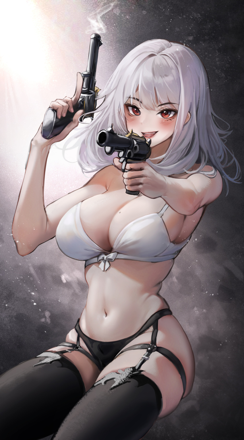 1girl :d absurdres bare_arms bare_shoulders black_panties black_thighhighs bra breasts cleavage commentary_request dual_wielding grey_background gun highres holding holding_gun holding_weapon large_breasts long_hair looking_at_viewer navel open_mouth original panties red_eyes revolver sitting smile solo stomach thigh_strap thighhighs thighs underwear uth_95 weapon white_bra white_hair