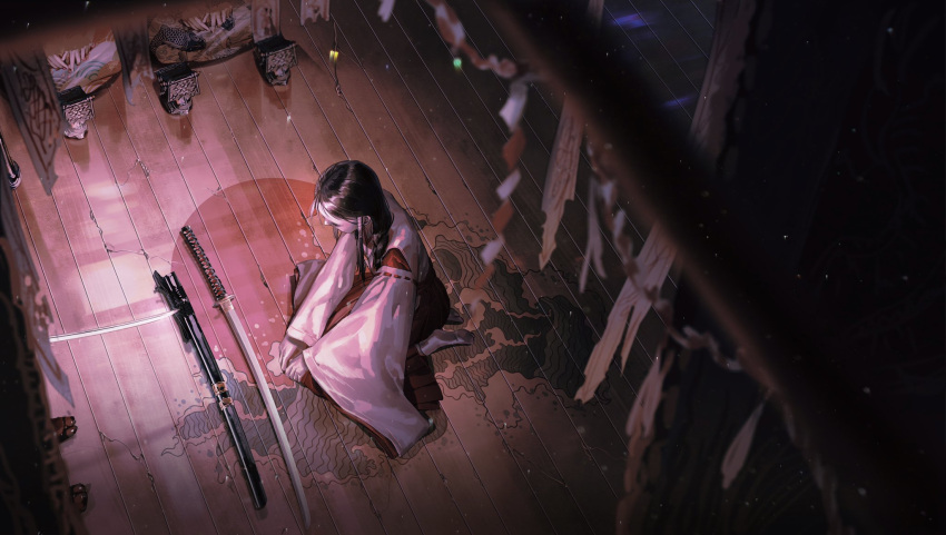 1girl bbbbbbi black_hair blurry braid cracked_floor depth_of_field facing_down from_above from_side gloves hair_tubes hakama highres indoors japanese_clothes light_particles long_hair long_sleeves miko night no_shoes ofuda on_floor original out_of_frame own_hands_together red_hakama red_sun ribbon-trimmed_sleeves ribbon_trim scabbard seiza sheath shinto sidelocks sitting socks soles solo_focus tabi threat unsheathed wave_print white_gloves white_socks wide_sleeves wooden_floor