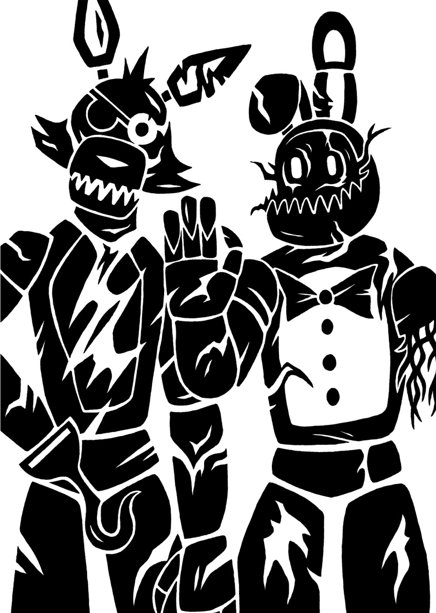 2014 4_fingers amputee animatronic anthro biped black_and_white bow_tie button_(fastener) canid canine digital_drawing_(artwork) digital_media_(artwork) disability duo eye_patch eyewear fingers five_nights_at_freddy's five_nights_at_freddy's_2 fox hi_res hook hook_hand lagomorph leporid looking_at_viewer machine male mammal monochrome notched_ear rabbit rabbit_ears raised_hand restricted_palette robot robot_gore scottgames sharp_teeth silhouette simple_background standing sunnyclockwork teeth torn_bow_tie white_background wire withered_bonnie_(fnaf) withered_foxy_(fnaf)