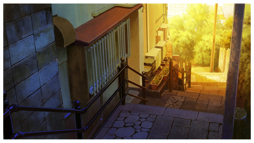 air_conditioner building bush calligraphy_brush_(medium) day floor_tiles hariken highres lamppost no_humans original painting_(medium) plant scenery shadow sunlight tile_floor tiles traditional_media tree