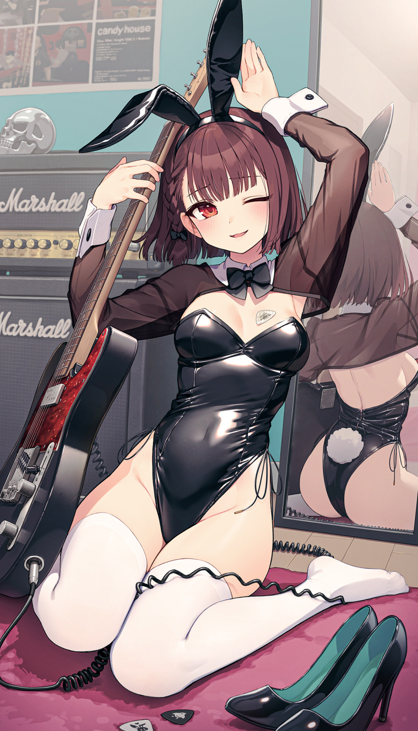 1girl animal_ears arm_up armpits back black_bow black_bowtie black_hairband black_leotard blunt_bangs blush bow bowtie braid breasts brown_hair cable dot_nose electric_guitar fake_animal_ears fake_tail guitar hair_bow hairband highleg highleg_leotard highres holding holding_instrument instrument kaito_(k4itoh) leotard looking_at_viewer medium_breasts mirror one_eye_closed original parted_lips playboy_bunny rabbit_ears rabbit_pose rabbit_tail red_eyes see-through shoes shoes_removed short_hair side_braid sideboob single_braid sitting skull solo strapless strapless_leotard tail thighhighs wariza white_thighhighs white_wrist_cuffs