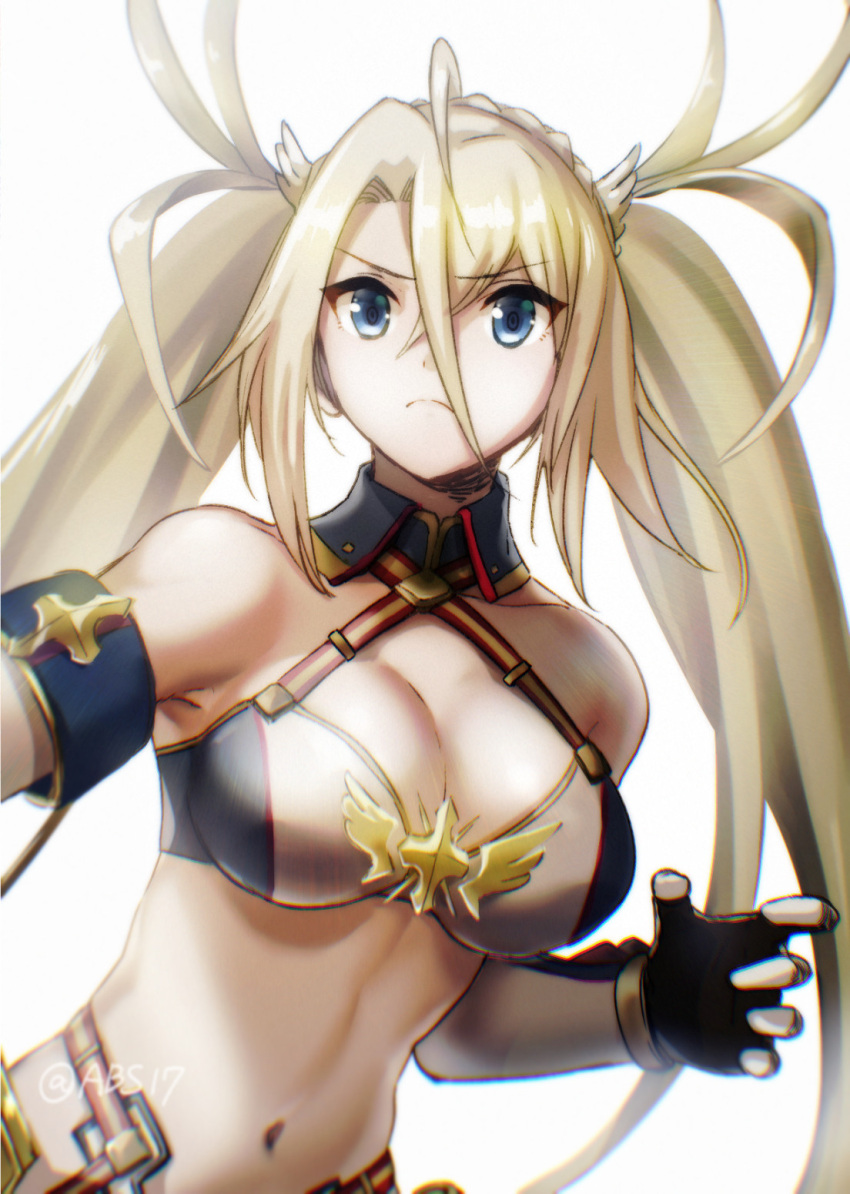1girl aoba_(smartbeat) armor bare_shoulders bikini blonde_hair blue_bikini blue_eyes blue_gloves bradamante_(fate) bradamante_(third_ascension)_(fate) braid breasts cleavage closed_mouth crossed_bangs crown_braid elbow_gloves fate/grand_order fate_(series) faulds gloves hair_between_eyes highleg highleg_bikini highres large_breasts long_hair looking_at_viewer navel solo swimsuit twintails two-tone_bikini two-tone_gloves very_long_hair white_bikini white_gloves