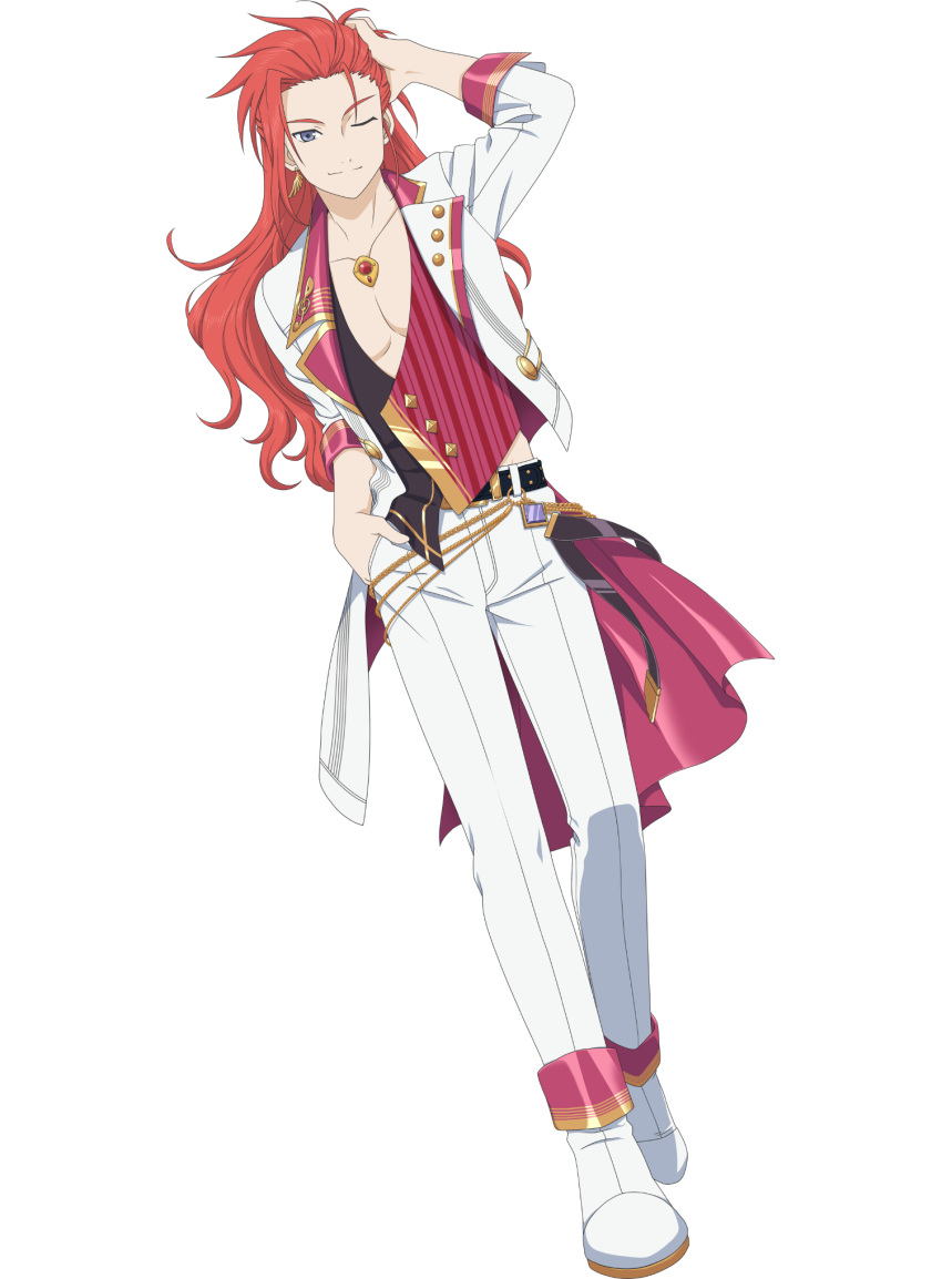 1boy ;) belt english_commentary full_body hand_in_own_hair hand_in_pocket highres idol male_focus official_art one_eye_closed pants red_hair shoes smile solo tales_of_(series) tales_of_asteria tales_of_symphonia transparent_background zelos_wilder