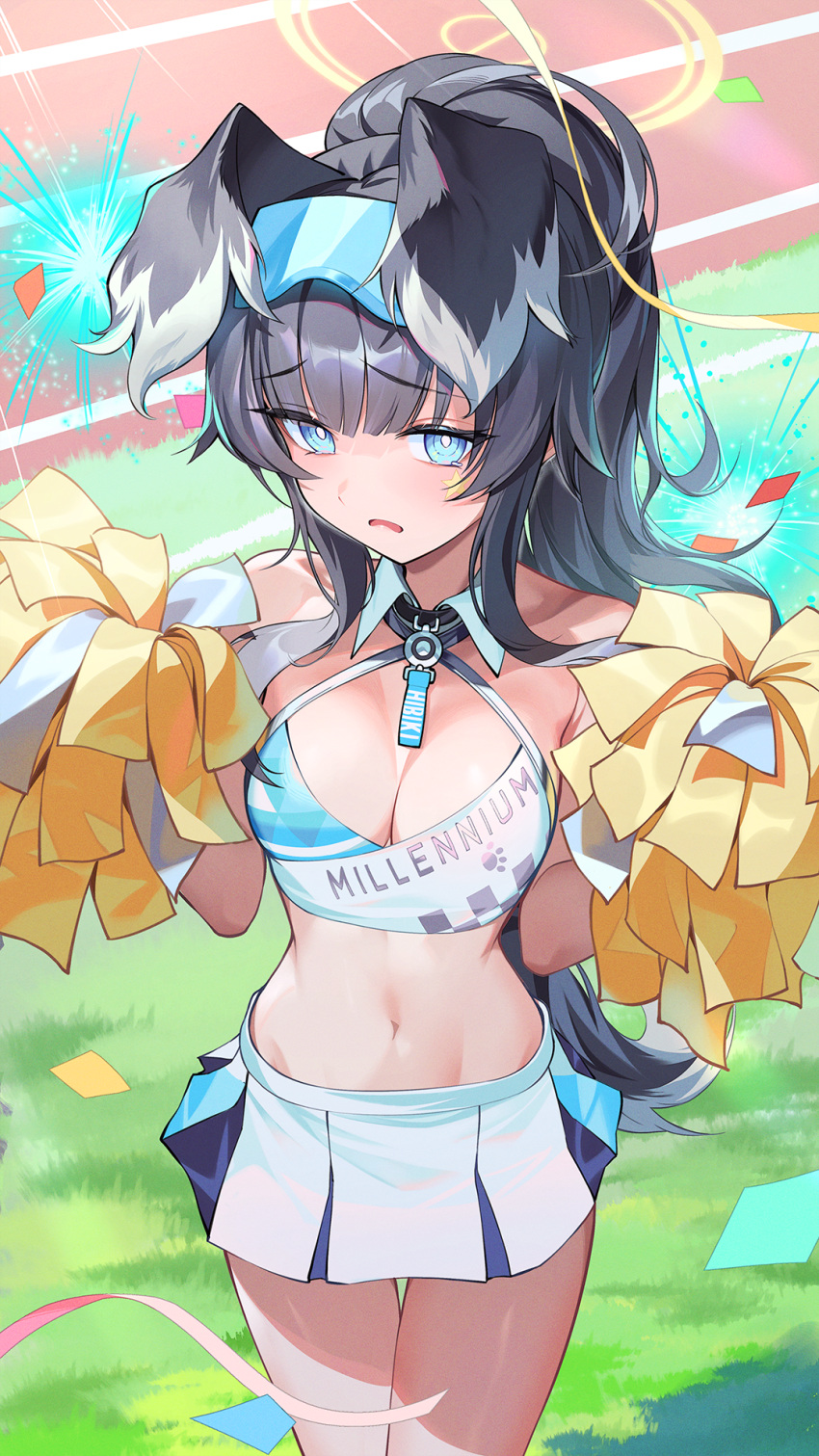 1girl black_hair blue_archive blue_eyes breasts bright_pupils cheering cheerleader cleavage clothes_writing cowboy_shot day detached_collar eyewear_on_head halo halterneck hibiki_(blue_archive) hibiki_(cheer_squad)_(blue_archive) highres holding holding_pom_poms kainown large_breasts long_hair looking_at_viewer millennium_cheerleader_outfit_(blue_archive) navel official_alternate_costume open_mouth outdoors pom_pom_(cheerleading) ponytail safety_glasses skirt solo white_pupils white_skirt yellow_halo