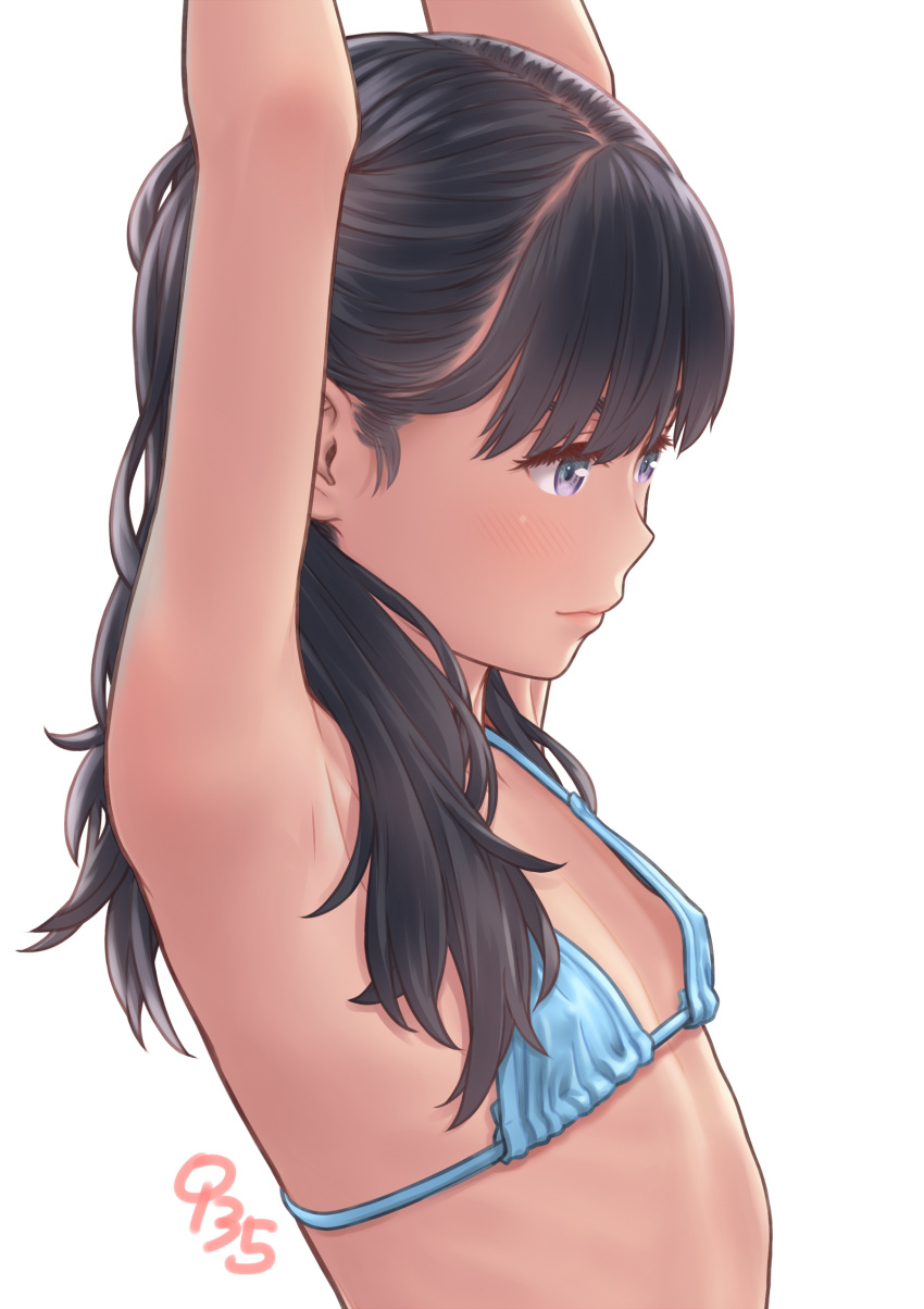 1girl absurdres aoi_kumiko armpits arms_up bikini black_hair blue_bikini blue_eyes blush covered_nipples flat_chest highres long_hair multicolored_eyes original purple_eyes simple_background solo swimsuit white_background