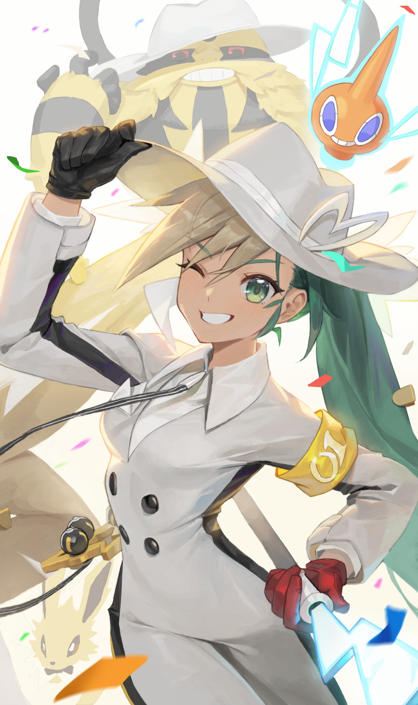 1girl absurdres armband asymmetrical_gloves black_gloves buttons cane collar electivire electric_miku_(project_voltage) f.k_(hs225kr) gloves green_eyes green_hair grin hat hat_ornament hatsune_miku highres holding holding_cane jolteon jumpsuit long_hair long_sleeves looking_at_viewer mismatched_gloves multicolored_hair necktie one_eye_closed pokemon project_voltage red_gloves rotom rotom_(normal) smile twintails very_long_hair vocaloid white_jumpsuit yellow_armband