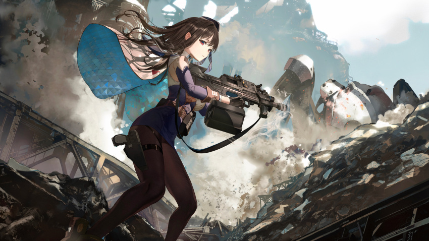1girl belt black_pantyhose breasts brown_hair detached_sleeves floating_hair goddess_of_victory:_nikke hand_in_own_hair hat highres holding holding_weapon holster jacket large_breasts long_hair marian_(nikke) military military_hat military_uniform necktie pantyhose pouch purple_eyes ruins salmon88 scenery sleeveless solo thigh_holster uniform weapon white_jacket