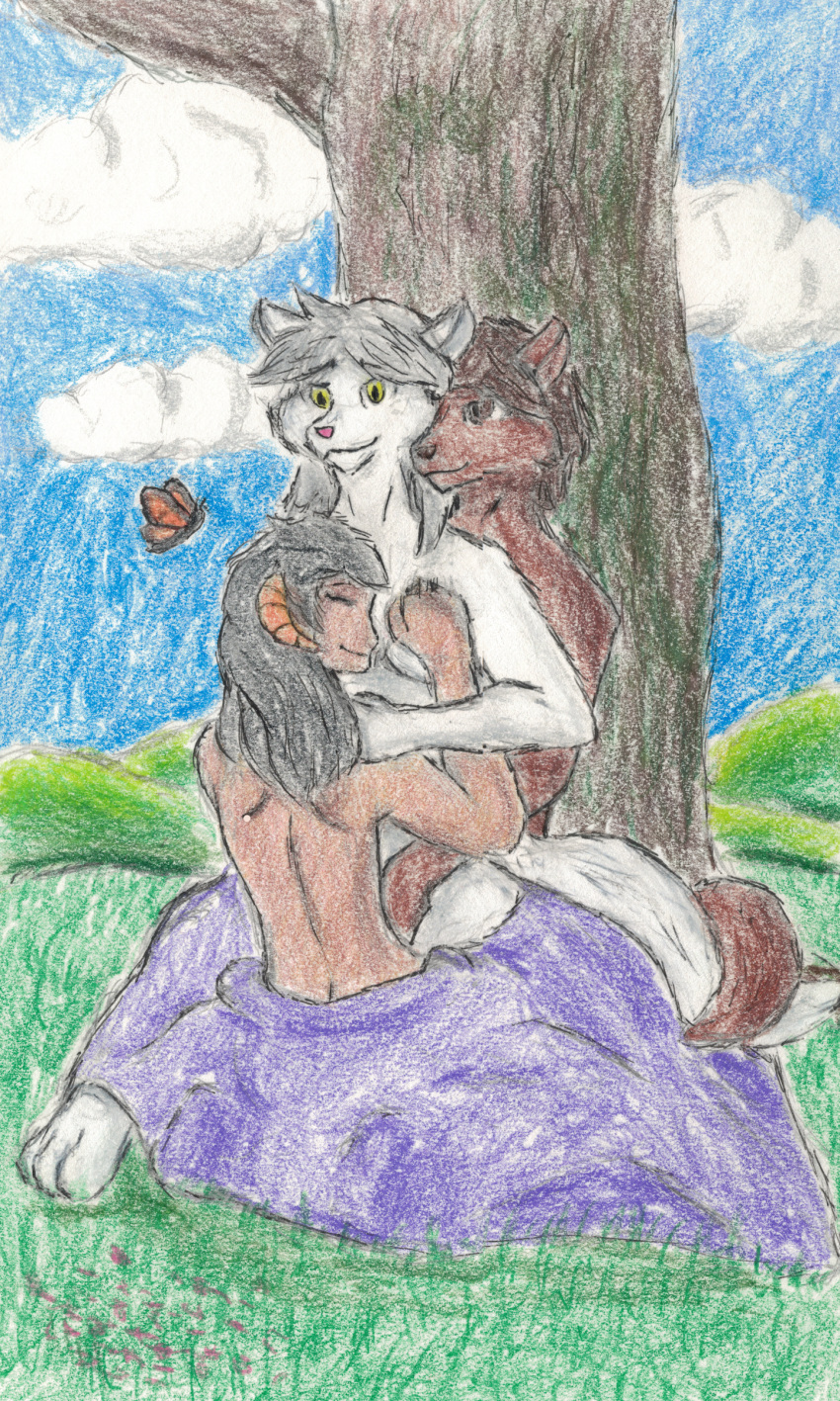 absurd_res anthro avis-ignis bisexual brown_body brown_fur brown_hair canid canine canis convenient_censorship cuddling dragon embrace female female/female fur group hair hi_res horn hug hugging_from_behind human humanoid hybrid madam_reni_(twokinds) male male/female mammal nude raine_silverlock trio twokinds webcomic webcomic_character white_body white_fur wolf zen_(twokinds)