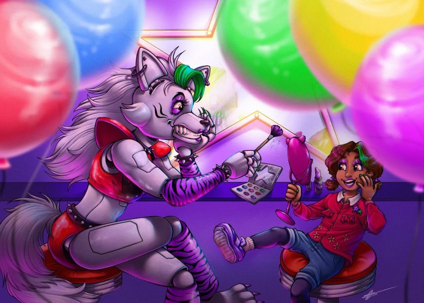 animatronic anthro balloon belt boots bracelet canid canine canis cassie_(fnaf) clothed clothing collar duo ear_piercing female five_nights_at_freddy's five_nights_at_freddy's:_security_breach footwear hi_res human inflatable inkskxtch jewelry lipstick looking_at_another machine makeup mammal mirror piercing robot roxanne_wolf_(fnaf) scottgames socks spiked_belt spiked_bracelet spiked_collar spikes steel_wool_studios wolf