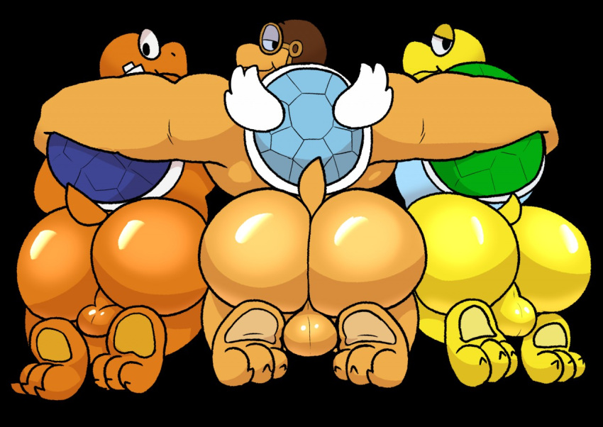2020 anthro backsack balls big_butt black_background bottomless butt clothed clothing eyewear feet genitals goggles group half-closed_eyes headgear headgear_only headwear headwear_only kneeling koopa koopa_paratroopa koopa_troopa kooper koops looking_at_viewer looking_back looking_back_at_viewer lovelierfreak male male/male mario_bros mostly_nude muscular muscular_anthro muscular_male narrowed_eyes nintendo nude paper_mario paper_mario:_the_thousand_year_door paper_mario_(2000) parakarry perineum scalie shell simple_background soles tail tan_balls tan_body topwear trio wings yellow_balls yellow_body