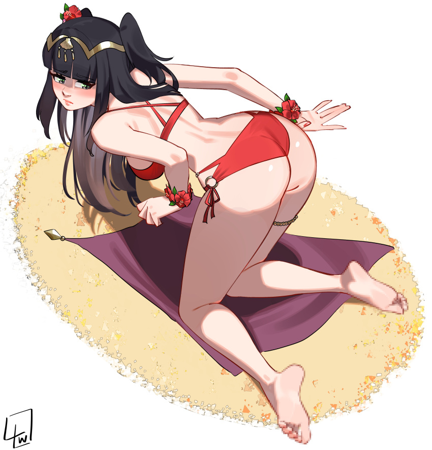 1girl absurdres ass bare_shoulders barefoot bent_over bikini black_hair breasts cape censored censored_feet feet fire_emblem fire_emblem_heroes flower hair_ornament highres l4wless legs long_hair looking_back medium_breasts o-ring official_alternate_costume red_bikini signature simple_background soles solo swimsuit tharja_(fire_emblem) tharja_(summer)_(fire_emblem) tiara toes two_side_up white_background