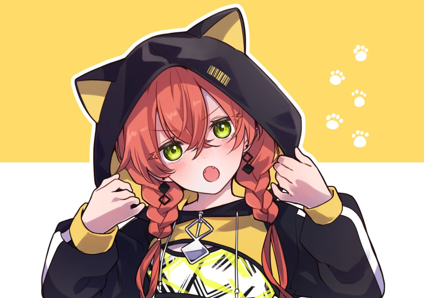 1girl animal_ear_hood black_hoodie blush commentary_request crossed_bangs ear_piercing earrings fangs green_eyes hair_between_eyes head_tilt highres hood hood_up hoodie jewelry kashikaze long_hair long_sleeves looking_at_viewer low_twintails nijisanji open_mouth orange_hair outline paw_print paw_print_background piercing shishido_akari solo twintails two-tone_background virtual_youtuber white_background white_outline yellow_background