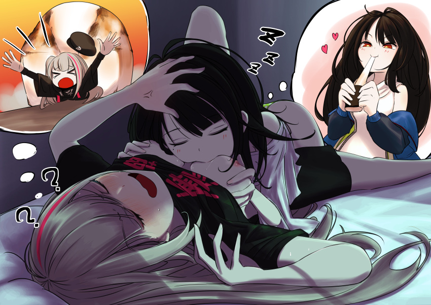 &gt;_&lt; 2girls ? ?? absurdres anger_vein bare_legs beret black_hair black_headwear black_shirt blue_jacket blush boulder breast_sucking breasts c-ms_(girls'_frontline) closed_eyes clothes_lift clothes_writing commentary_request crushing dreaming dress food_request girl_on_top girls'_frontline grabbing grabbing_another's_breast green_panties grey_hair hand_on_another's_head hat heart highres holding indoors jacket long_hair long_sleeves lying mdr_(girls'_frontline) medium_breasts messy_hair mole mole_under_eye multicolored_hair multiple_girls night nipples notice_lines off_shoulder ohichi16 on_back on_bed one_side_up open_clothes open_jacket open_mouth outstretched_arms panties pillow pink_hair red_eyes saliva shirt shirt_lift short_sleeves sleeping sleeveless sleeveless_dress smile streaked_hair sweatdrop tears thought_bubble translation_request underwear v-shaped_eyebrows very_long_hair white_dress white_shirt window_shade xo yuri zzz