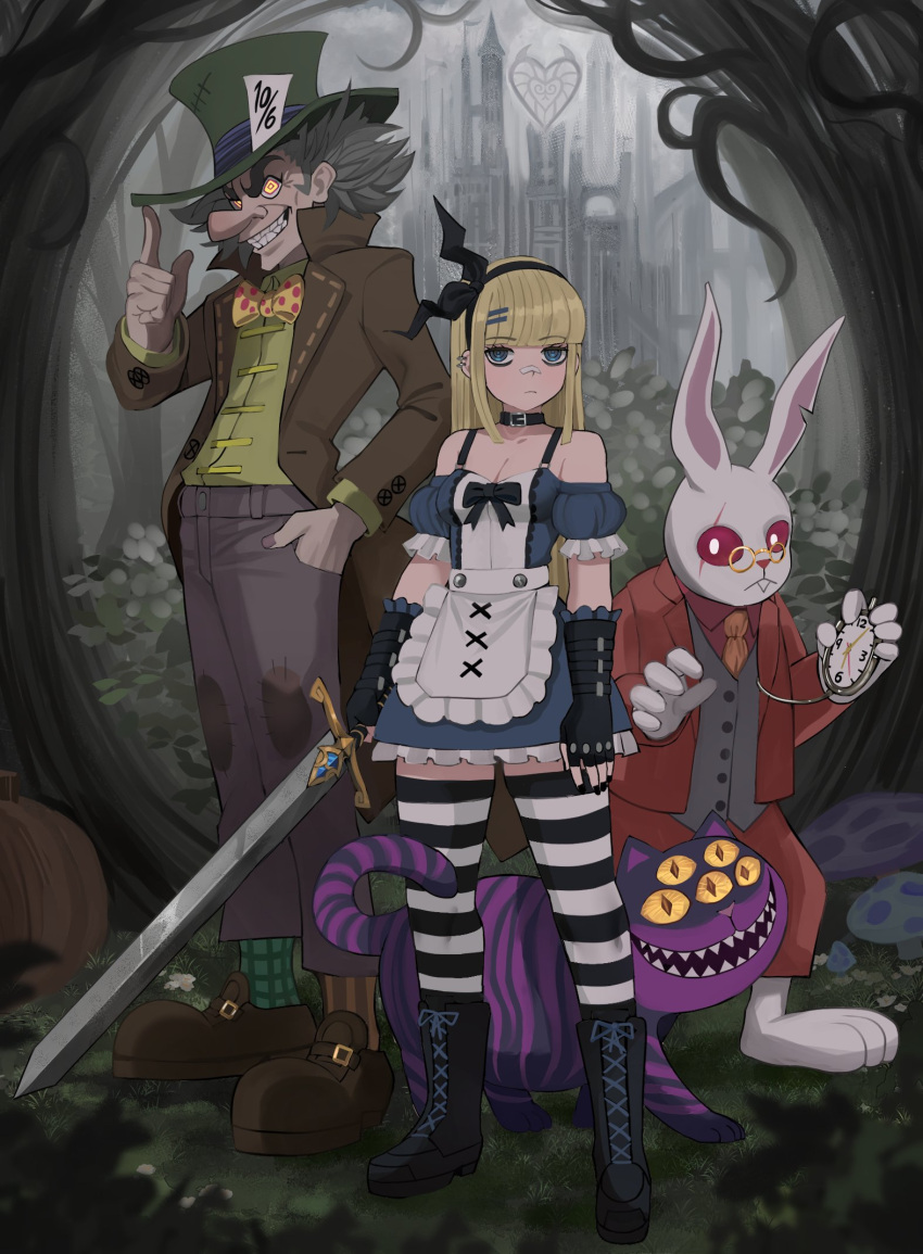1girl 2boys adjusting_clothes adjusting_headwear alice_(alice_in_wonderland) alice_in_wonderland animal apron arms_at_sides bandaid bandaid_on_face bandaid_on_nose bare_shoulders black_bow black_choker black_footwear black_gloves black_hairband black_thighhighs blue_eyes blunt_bangs bow bowtie breasts brown_footwear brown_hair brown_headwear brown_jacket bush castle cat cheshire_cat_(alice_in_wonderland) choker cleavage collared_shirt colored_sclera commentary detached_sleeves dress ear_piercing english_commentary extra_eyes fingerless_gloves forest formal frilled_apron frilled_sleeves frills frown full_body furry furry_male glasses gloves glowing glowing_eyes green_dress green_eyes green_sleeves grey_pants grin hair_ornament hairband hairclip hand_in_pocket hands_up heart highres holding holding_pocket_watch holding_sword holding_weapon jacket jourd4n long_hair looking_at_viewer mad_hatter_(alice_in_wonderland) medium_breasts messy_hair mismatched_socks multiple_boys mushroom nail_polish nature necktie open_clothes open_jacket open_mouth orange_bow orange_bowtie outdoors pants piercing pocket_watch polka_dot_bowtie puffy_short_sleeves puffy_sleeves pumpkin red_bow red_bowtie red_jacket red_pants red_sclera scar scar_across_eye sharp_teeth shirt shirt_tucked_in short_sleeves smile socks standing striped striped_socks striped_thighhighs sword teeth thighhighs tree two-tone_bowtie vest watch weapon white_rabbit_(alice_in_wonderland) white_thighhighs