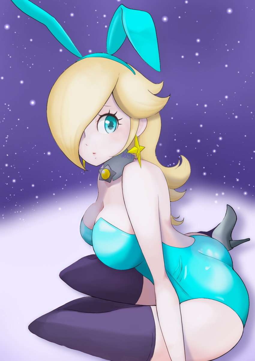 1girl a3_k306021 animal_ears ass bare_arms bare_shoulders black_thighhighs blonde_hair blue_eyes breasts cleavage collar earrings hair_over_one_eye high_heels highres jewelry large_breasts long_hair mario_(series) parted_lips playboy_bunny rabbit_ears rosalina star_(symbol) star_earrings thighhighs