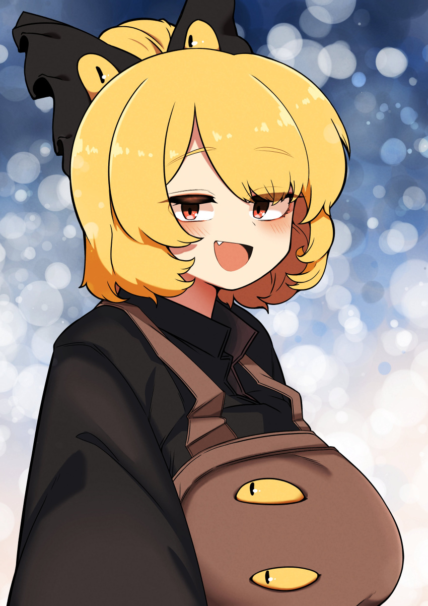 1girl :d absurdres black_bow black_shirt blonde_hair blue_background blurry blush bokeh bow breasts brown_dress brown_eyes commentary_request depth_of_field dress extra_eyes fang gradient_background hair_bow hair_bun highres kurodani_yamame large_breasts long_sleeves looking_at_viewer medium_bangs open_mouth pinafore_dress rinyamame shirt short_hair single_hair_bun sleeveless sleeveless_dress smile solo touhou upper_body
